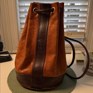 Marino Orlandi Italy Two Tone Leather Drawstring Backpack Bucket Bag Cognac